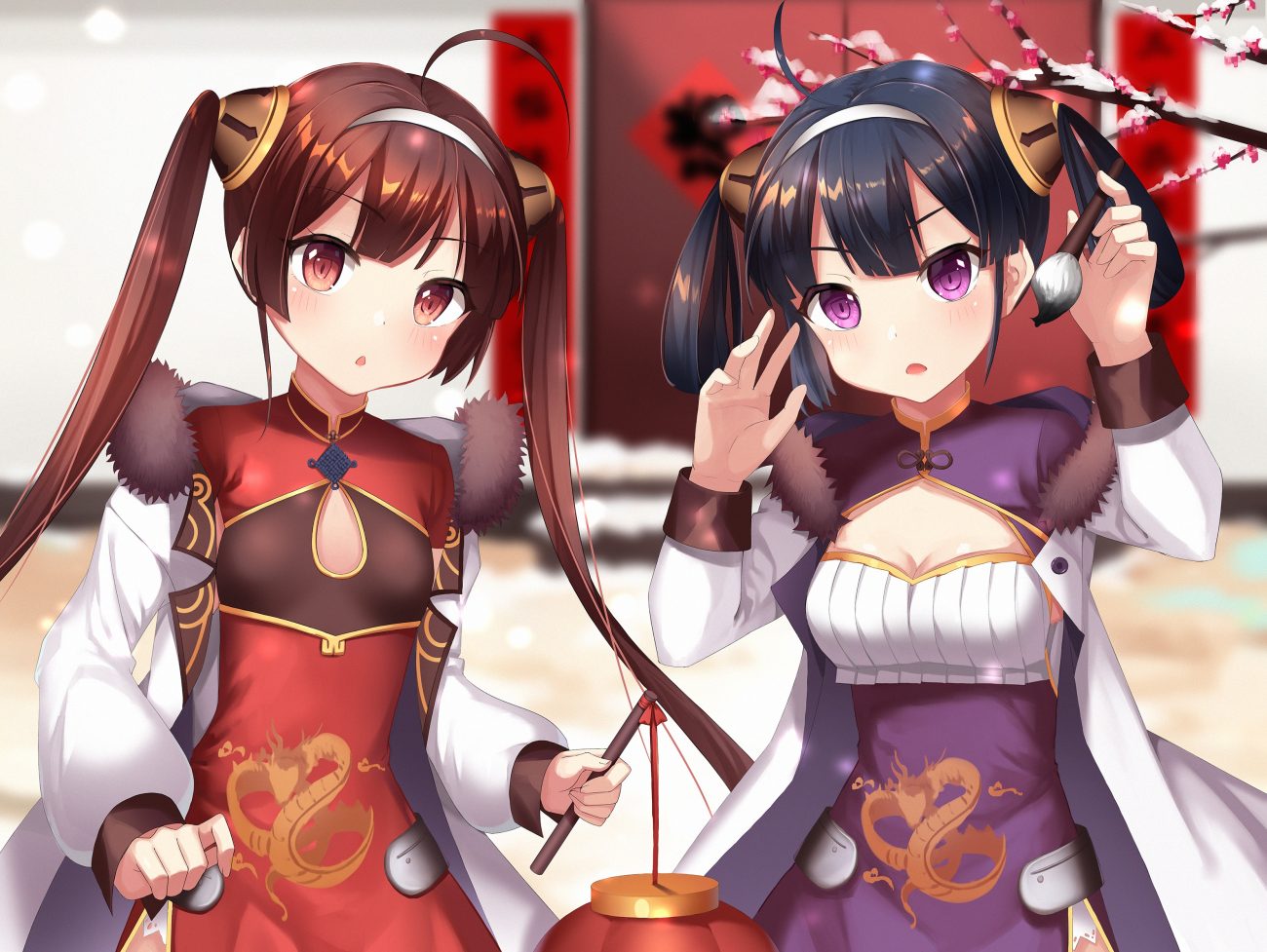 2girls anthropomorphism azur lane blue eyes brown hair chinese clothes chinese dress dress long hair ning hai (azur lane) ping hai (azur lane) red eyes shinkai kokoa twintails