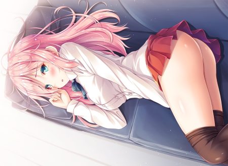 akashio (loli ace) aqua eyes ass blush couch long hair nopan original pink hair school uniform shirt skirt tears thighhighs