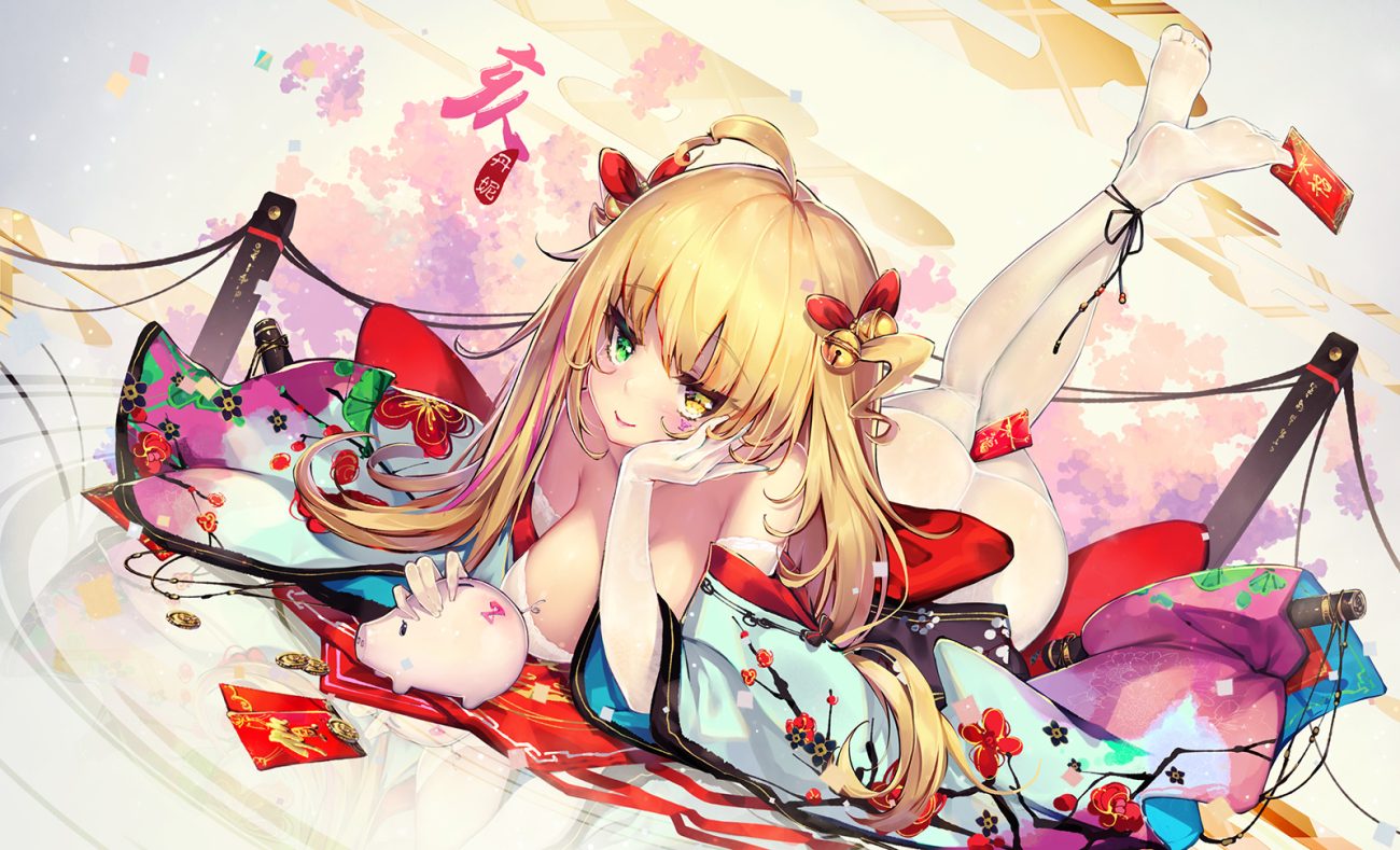 ass bell bicolored eyes blonde hair dk senie elbow gloves gloves japanese clothes long hair original pantyhose