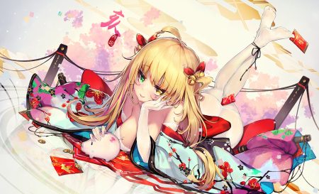 ass bell bicolored eyes blonde hair dk senie elbow gloves gloves japanese clothes long hair original pantyhose