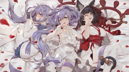 animal ears anthropomorphism azur lane bell black hair bow breasts catgirl cat smile cleavage dress fang green eyes group japanese clothes javelin (azur lane) long hair pantyhose phone purple eyes purple hair red eyes rope school uniform tail toriumi harumi unicorn (azur lane) wink yamashiro (azur lane)