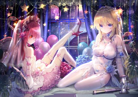 2girls bicolored eyes blonde hair bow breasts bubbles choker cleavage cross delores (mvv) elbow gloves feathers flowers garter garter belt gloves headdress lolita fashion long hair moon mvv navel necklace night original red eyes red hair rose see through signed stockings tattoo thighhighs vivian (mvv) wedding attire zettai ryouiki