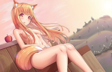animal ears apple blush breasts food fruit horo kaptivate long hair navel nude ookami to koushinryou orange hair red eyes sky tail wolfgirl