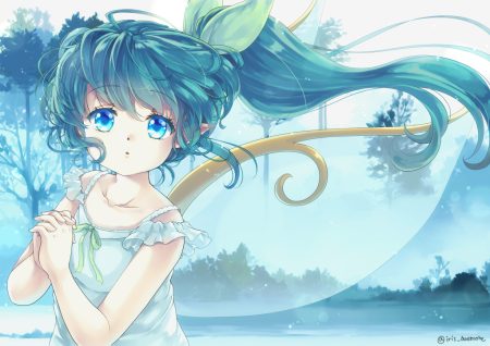 aqua eyes daiyousei dress fairy green hair iris anemone loli long hair pointed ears ponytail signed summer dress touhou tree water wings