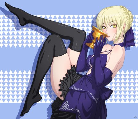 aliasing artoria pendragon (all) blonde hair blue bow braids breasts choker cleavage darkmuleth dress drink erect nipples fate/grand order fate (series) navel saber saber alter short hair thighhighs yellow eyes