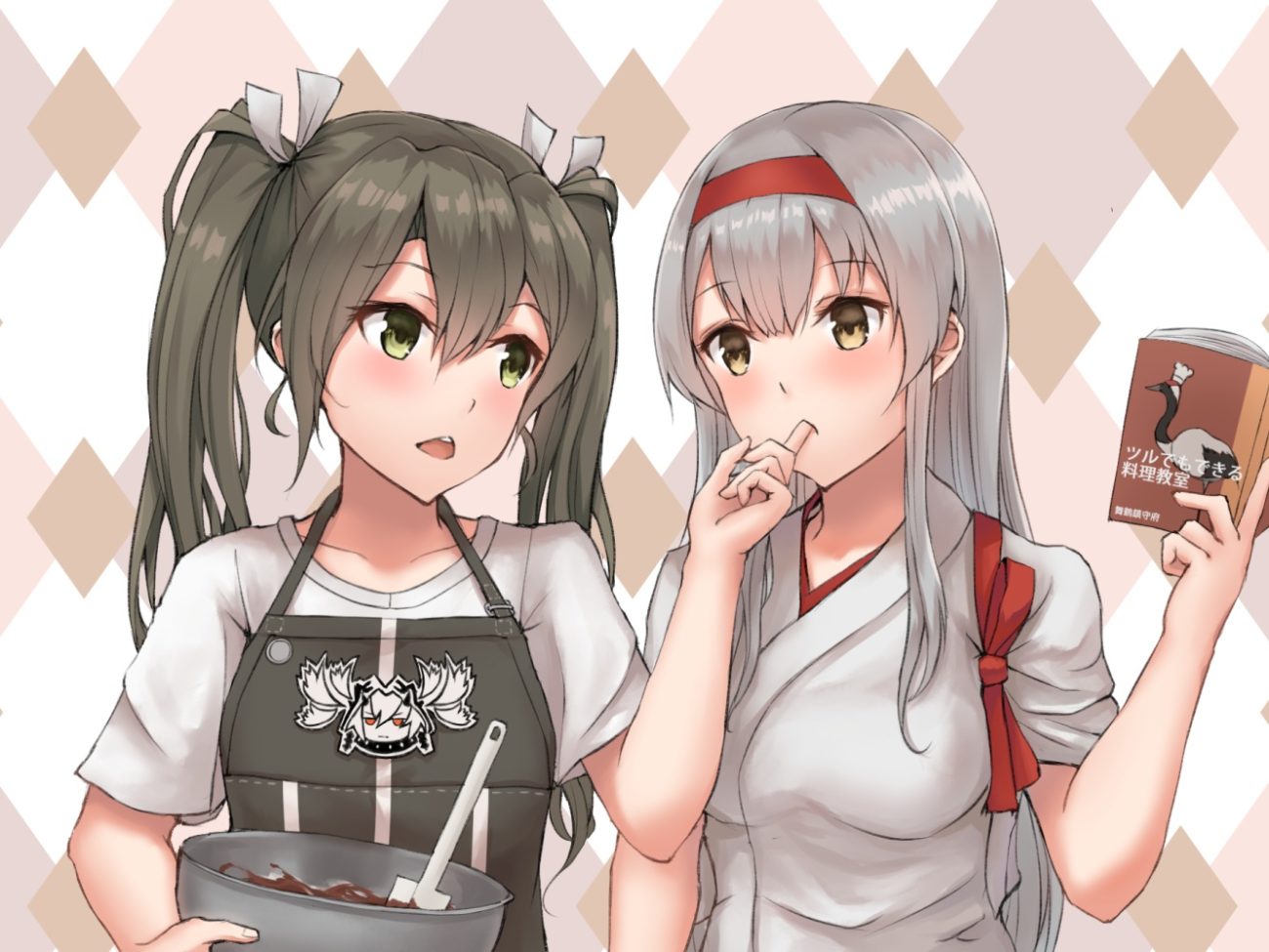2girls anthropomorphism apron black hair book brown eyes candy chocolate gray hair green eyes headband japanese clothes kantai collection k jie long hair shoujo ai shoukaku (kancolle) twintails valentine zuikaku (kancolle)