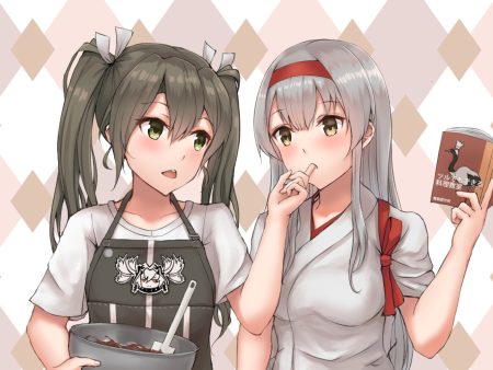 2girls anthropomorphism apron black hair book brown eyes candy chocolate gray hair green eyes headband japanese clothes kantai collection k jie long hair shoujo ai shoukaku (kancolle) twintails valentine zuikaku (kancolle)