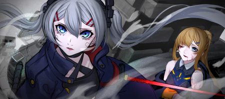 2girls aqua eyes asagon007 bandaid blonde hair blood choker close gray hair long hair original ponytail sketch sword twintails weapon