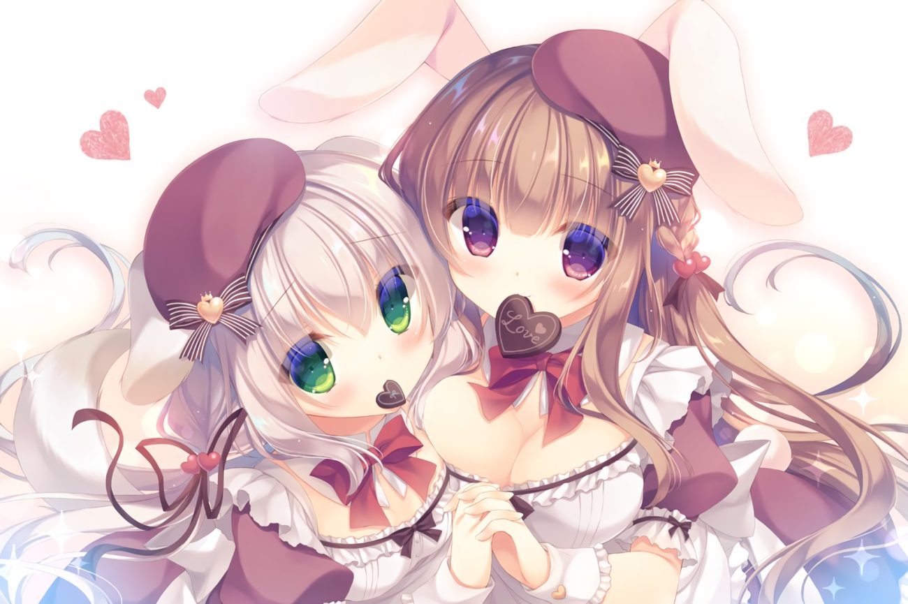 2girls animal ears blonde hair bow braids breasts brown hair bunny ears bunnygirl candy chocolate cleavage doggirl dress green eyes hat heart long hair maid original purple eyes tail valentine waifu2x wristwear yukie
