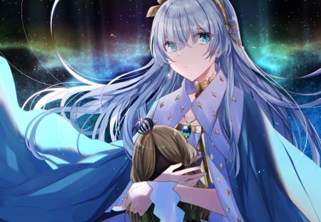 anastasia (fate/grand order) aqua eyes cape doll eburidei hitomigokuu fate/grand order fate (series) gray hair headband long hair necklace night sky stars