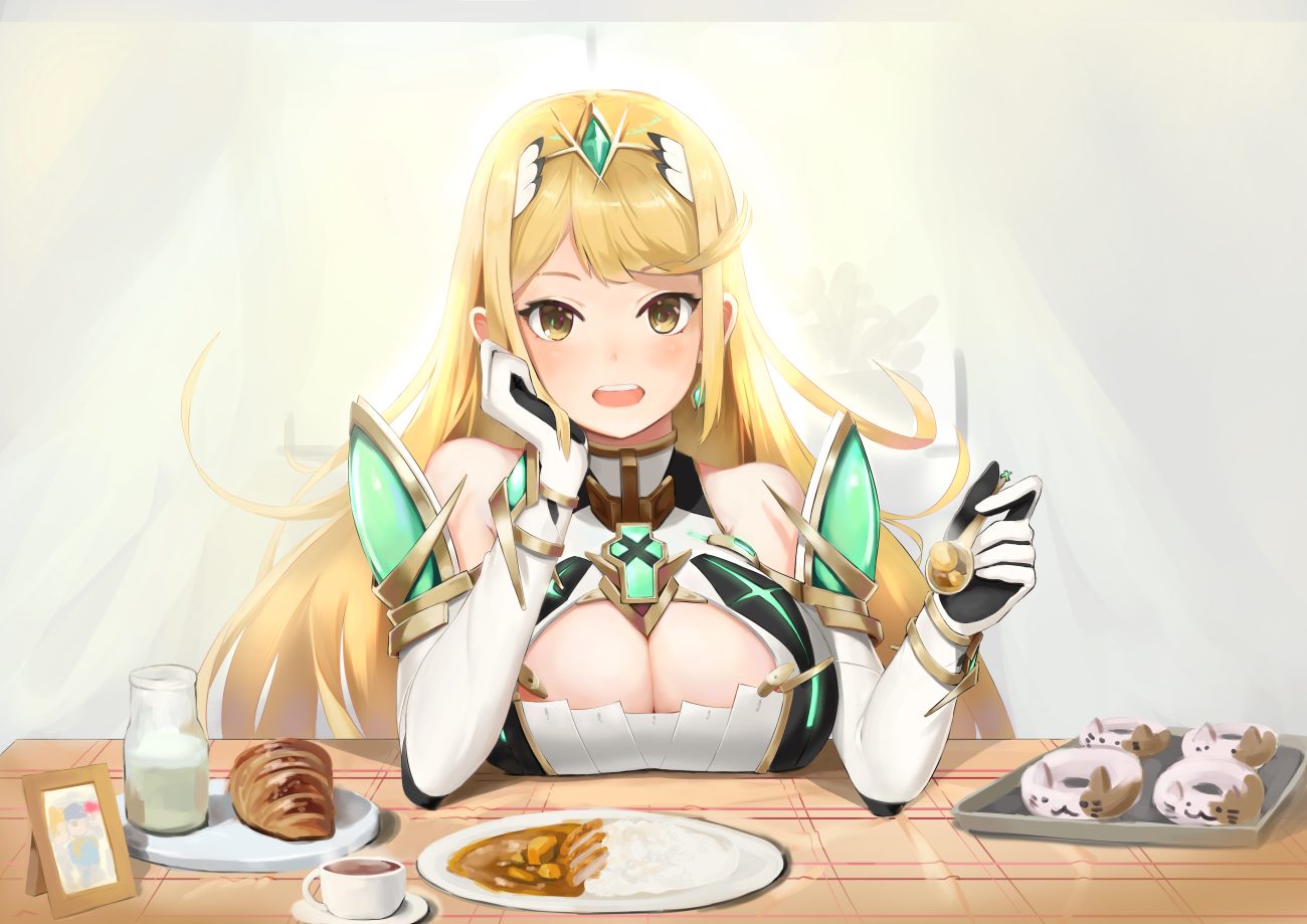 blonde hair breasts cleavage drink elbow gloves food gloves headdress hikari (xenoblade) long hair tagme (artist) xenoblade yellow eyes