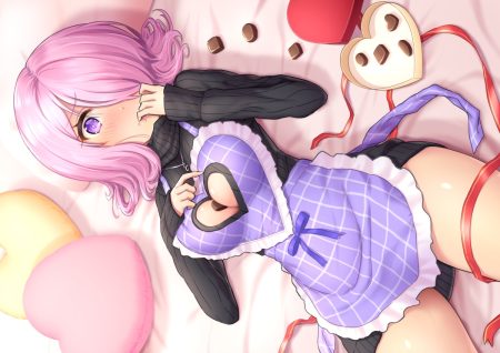 apron bed blush breasts candy chocolate cleavage dress fate/grand order fate (series) heart mash kyrielight necklace oyaji-sou pink hair purple eyes ribbons short hair valentine
