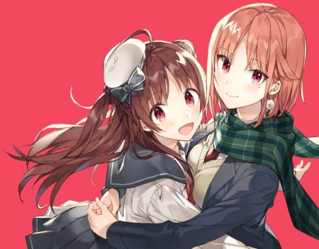 2girls bow brown hair hat hug long hair original red red eyes scarf school uniform shirako miso short hair shoujo ai skirt