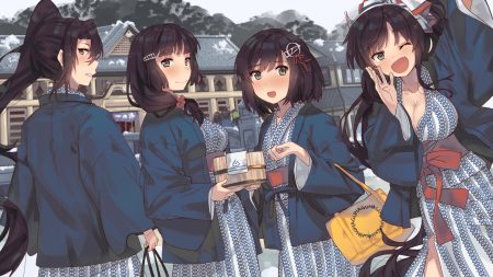 anthropomorphism ashigara (kancolle) black hair blush breasts brown eyes cleavage fang group haguro (kancolle) japanese clothes kantai collection long hair myoukou (kancolle) nachi (kancolle) ponytail short hair tonari no kai keruberosu wink yukata