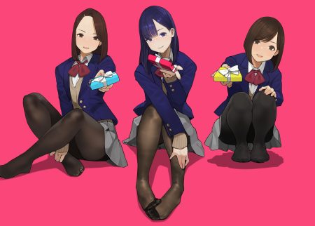 aikawa ren blue eyes blue hair bow brown eyes brown hair long hair miru tights moegi homi nakabeni yua pantyhose pink school uniform short hair skirt valentine yomu (sgt epper)