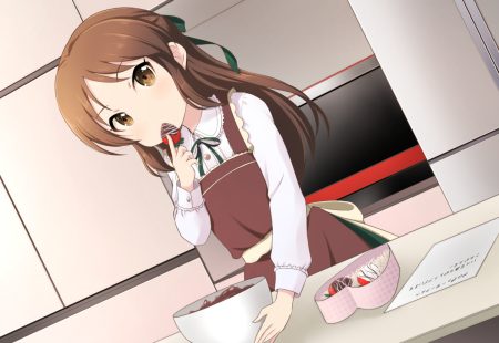apron brown eyes brown hair candy chocolate food fruit idolmaster idolmaster cinderella girls idolmaster cinderella girls starlight stage loli long hair onion (artist) paper strawberry tachibana arisu valentine