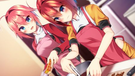 2girls apron aqua eyes blush candy chocolate dosu (doseven) original pink eyes pink hair red hair short hair valentine
