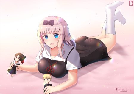aqua eyes ass blush bow breasts chinchongcha doll dress fujiwara chika gradient kaguya-sama wa kokurasetai ~tensai-tachi no renai zunousen~ kneehighs long hair pink hair school uniform shinomiya kaguya shirogane miyuki socks watermark