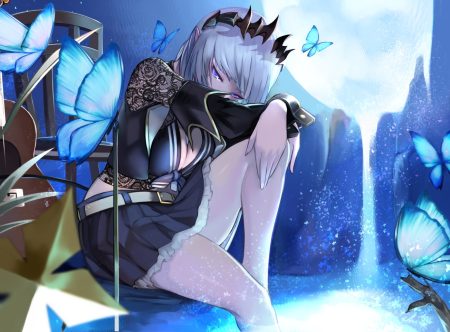 blue eyes breasts butterfly cleavage demon gray hair honey strap hoshara moon pointed ears short hair skirt sougetsu eli