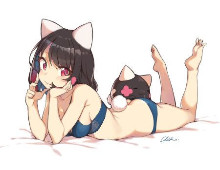 animal ears ass barefoot black hair bra breasts catgirl cloba original panties red eyes short hair signed underwear white