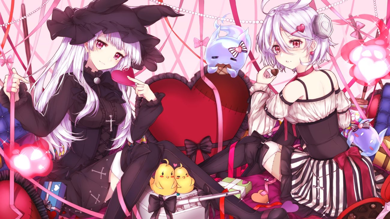 2girls anthropomorphism azur lane bow corset cross dress erebus (azur lane) goth-loli hat heart lolita fashion long hair manjuu (azur lane) pink eyes red eyes resuta ribbons short hair terror (azur lane) thighhighs valentine white hair