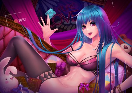 blue hair bottomless bra breasts candy chocolate cleavage condom long hair original purple eyes tagme (artist) underwear valentine