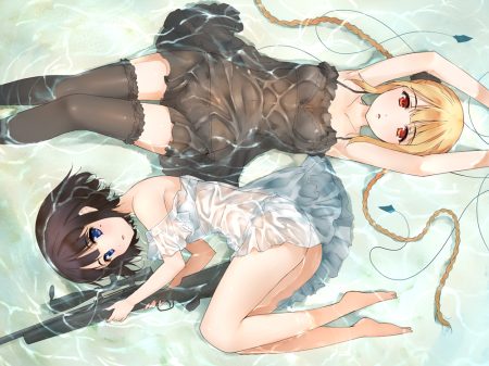 2girls barefoot bra darwin's game gun original panties see through takahata yuki underwear water weapon wet