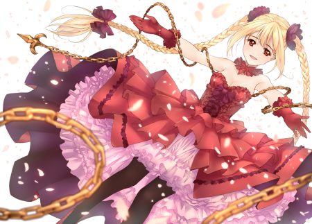 blonde hair chain darwin's game long hair orange eyes original shuka (darwin's game) takahata yuki twintails