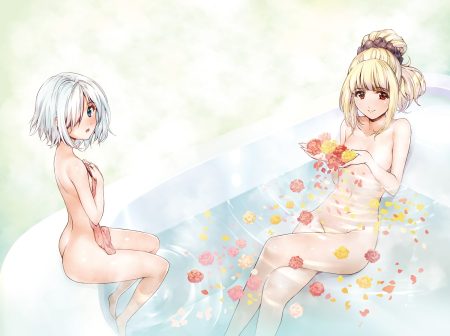 2girls aqua eyes blonde hair darwin's game nude red eyes short hair shuka (darwin's game) sui (darwin's game) takahata yuki water white hair