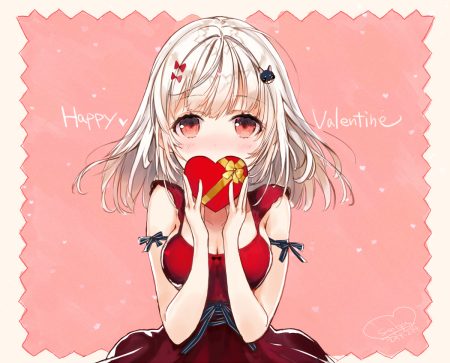 blush breasts cleavage dress gray hair original red eyes sanbasou short hair signed valentine