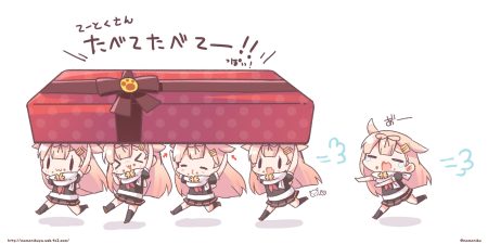 anthropomorphism blonde hair blush chibi kantai collection kneehighs long hair momoniku scarf school uniform signed skirt translation request valentine watermark white yuudachi (kancolle)
