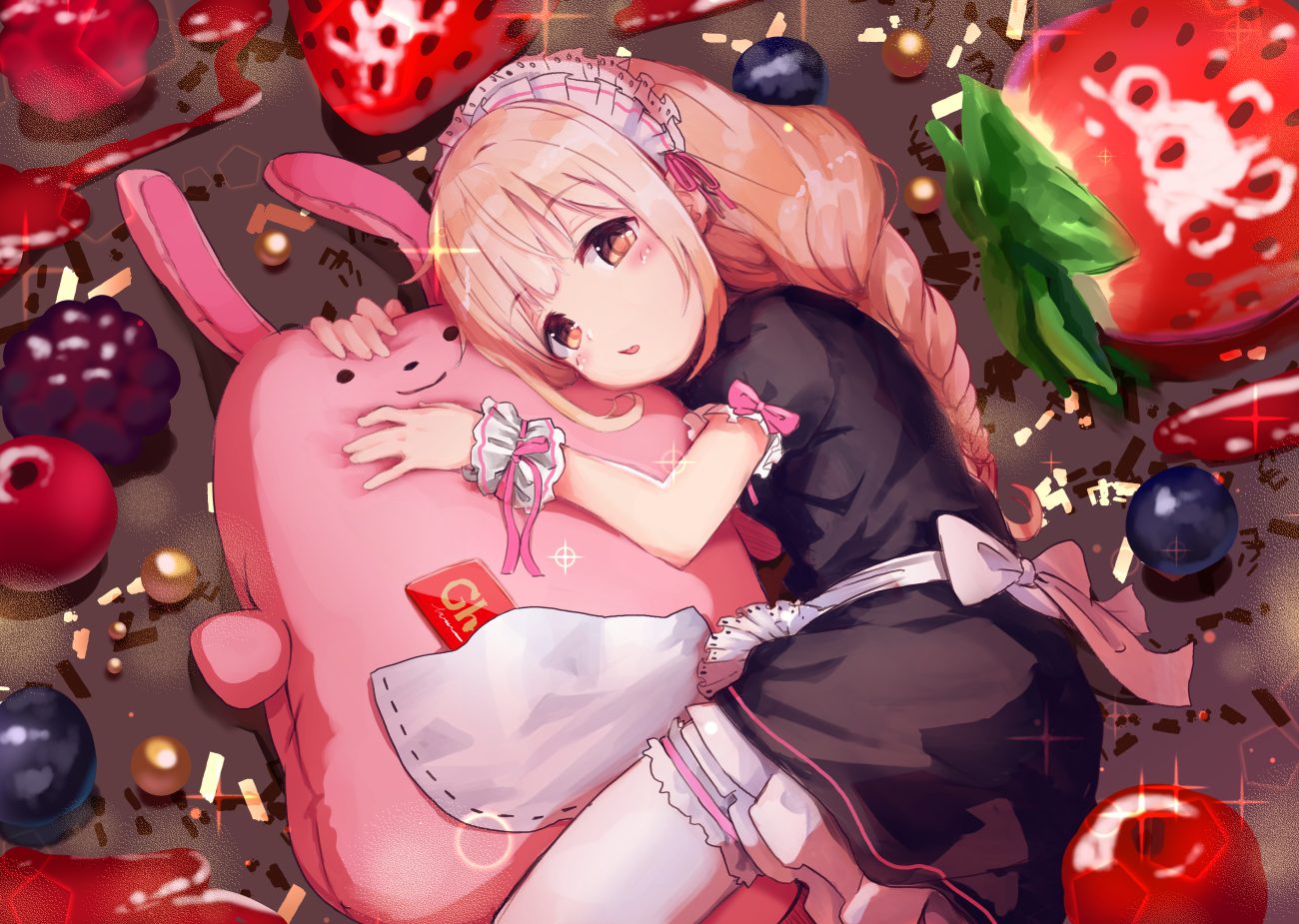 apron blonde hair blush braids brown eyes bunny candy food fruit futaba anzu greatpengh idolmaster idolmaster cinderella girls loli long hair maid strawberry