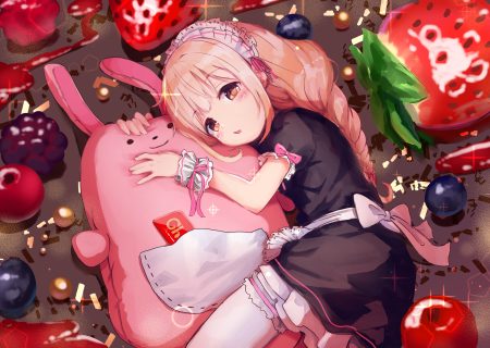 apron blonde hair blush braids brown eyes bunny candy food fruit futaba anzu greatpengh idolmaster idolmaster cinderella girls loli long hair maid strawberry