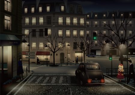 blonde hair building car city dress green eyes loli lolita fashion long hair male night original scenic taharu kousuke translation request tree