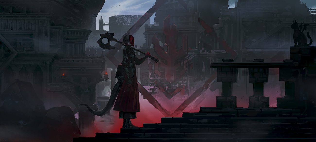 animal armor black hair cat elbow gloves gloves infukun mask original pixiv fantasia scenic short hair skirt stairs tail weapon
