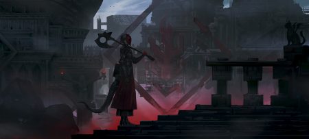 animal armor black hair cat elbow gloves gloves infukun mask original pixiv fantasia scenic short hair skirt stairs tail weapon