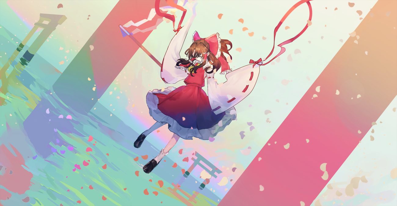 brown hair hakurei reimu japanese clothes kotaro-nosuke long hair miko petals reflection socks torii touhou water