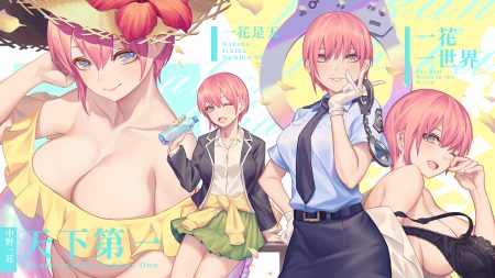 blush bra breasts drink flowers gloves go-toubun no hanayome hat leaf98k nakano ichika petals pink hair police uniform purple eyes school uniform shackles short hair skirt tie underwear wink