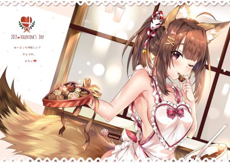 animal ears apron bell blush bow breasts brown hair candy chocolate foxgirl long hair naked apron original pink eyes ponytail sideboob tail usagihime valentine wink
