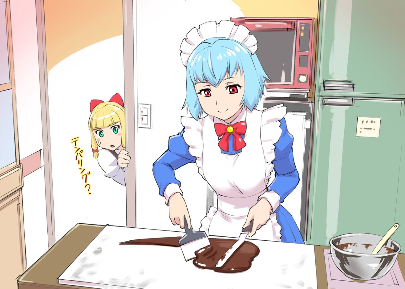 2girls apron aqua hair black hair bow candy chocolate green eyes headdress jpeg artifacts maid original red eyes short hair translation request ueyama michirou