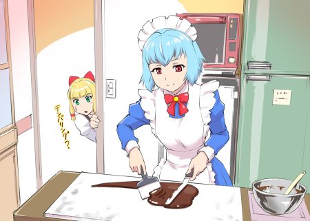 2girls apron aqua hair black hair bow candy chocolate green eyes headdress jpeg artifacts maid original red eyes short hair translation request ueyama michirou