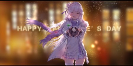 emilia (re:zero) flowers gray hair headdress long hair re:zero kara hajimeru isekai seikatsu ribbons signed skirt swd3e2 thighhighs valentine