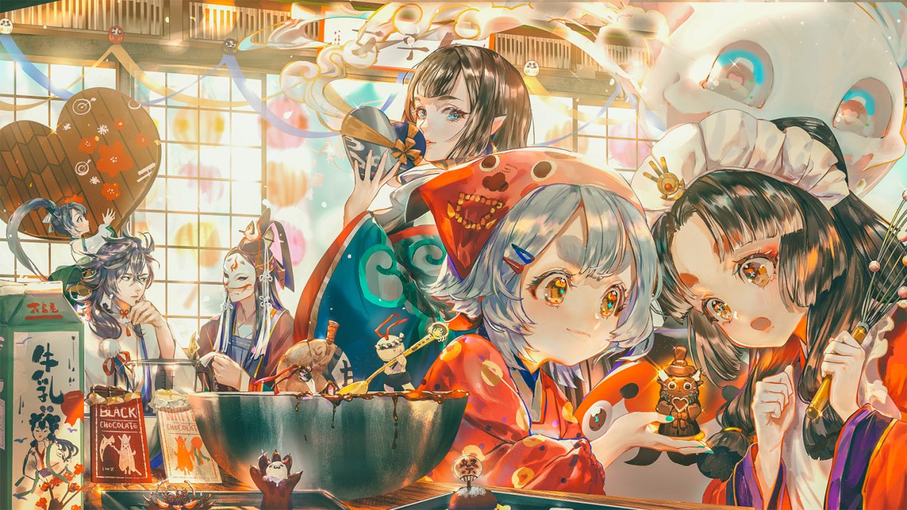 aqua eyes black hair brown eyes candy chocolate enenra (onmyouji) gray hair group hat hotarugusa (onmyouji) kaguyahime (onmyouji) kingyohime (onmyouji) loli long hair male mask onmyouji pointed ears ponytail say hana susabi (onmyouji) tamamo no mae (onmyouji) valentine