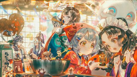 aqua eyes black hair brown eyes candy chocolate enenra (onmyouji) gray hair group hat hotarugusa (onmyouji) kaguyahime (onmyouji) kingyohime (onmyouji) loli long hair male mask onmyouji pointed ears ponytail say hana susabi (onmyouji) tamamo no mae (onmyouji) valentine