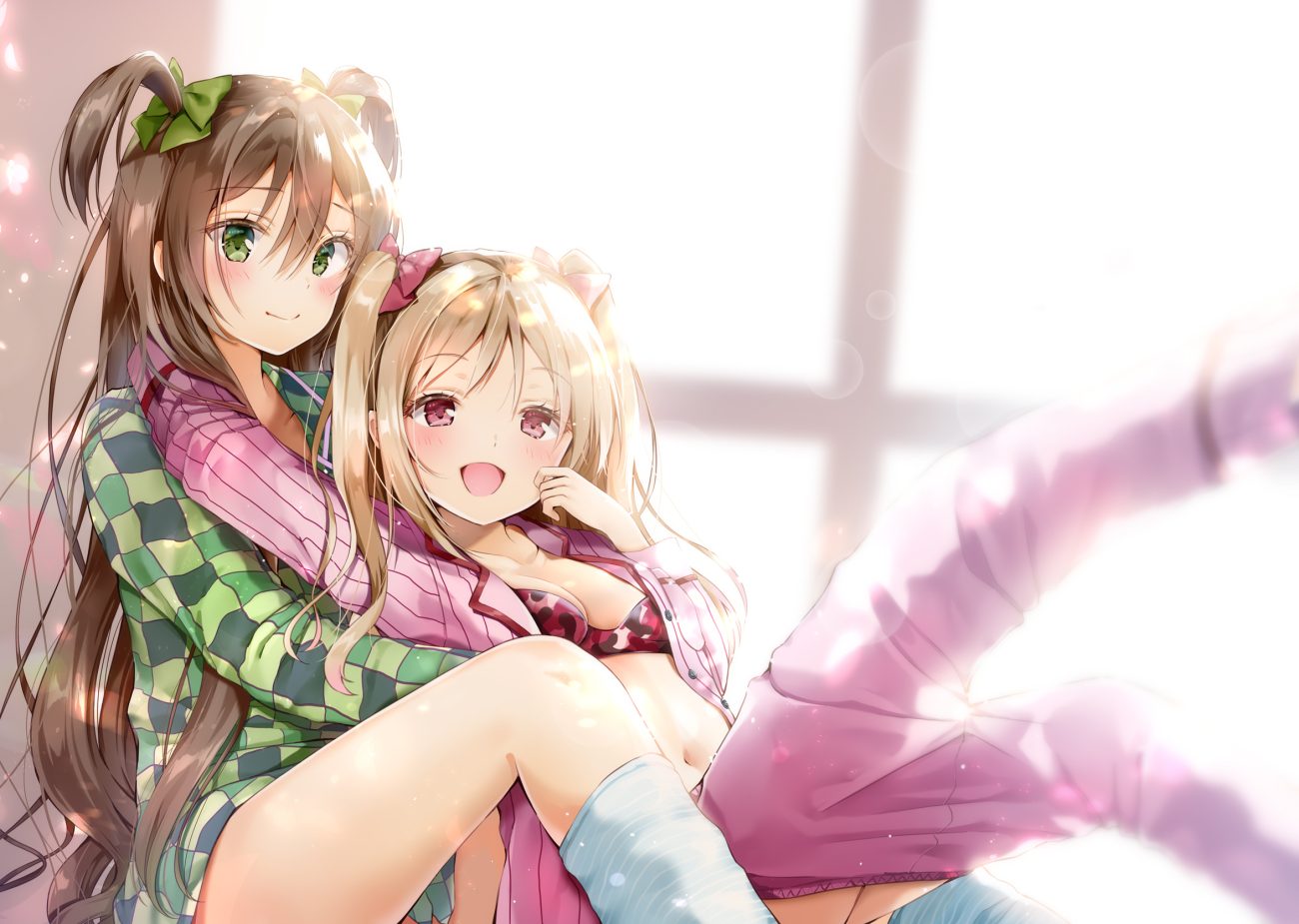 2girls blonde hair blush bow bra brown hair green eyes hug long hair open shirt original pajamas pink eyes twintails underwear yoshida iyo