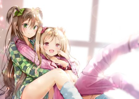2girls blonde hair blush bow bra brown hair green eyes hug long hair open shirt original pajamas pink eyes twintails underwear yoshida iyo