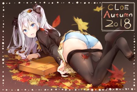 aqua eyes ass autumn braids brown clothroad gradient leaves long hair panties pantyhose school uniform skirt skirt lift underwear white hair yoshida iyo