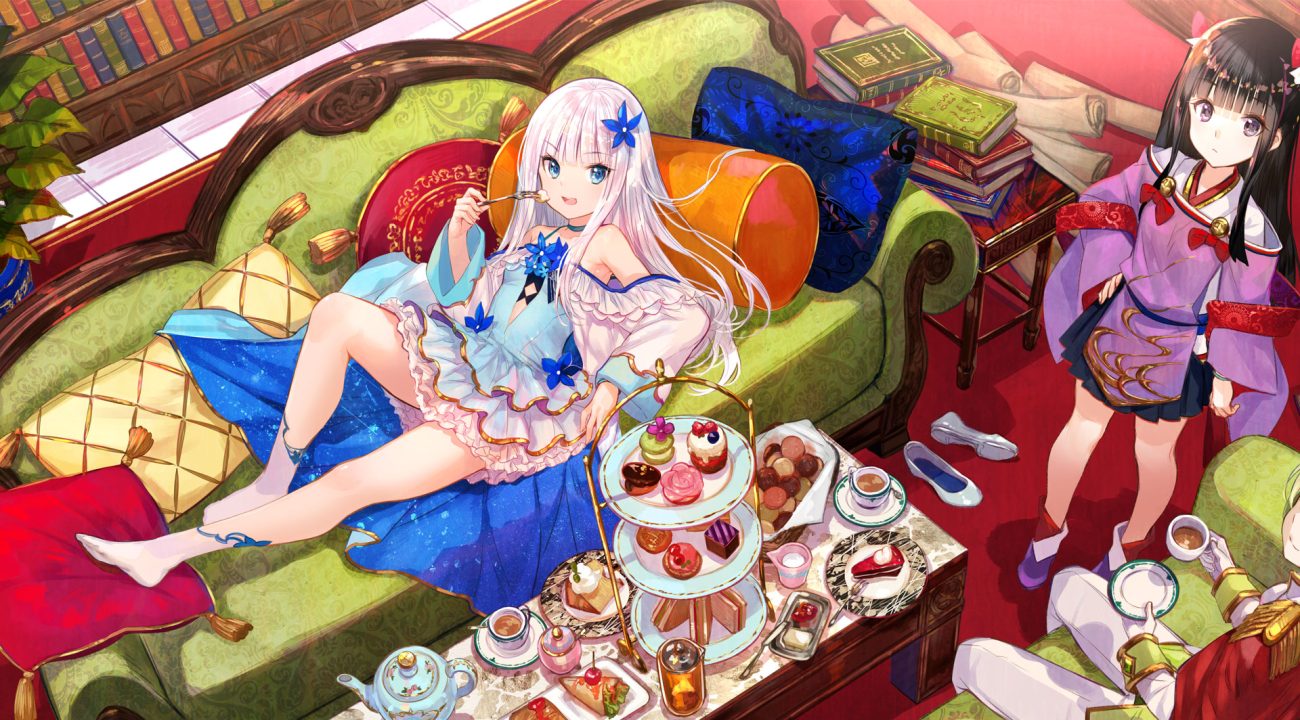 aqua eyes black eyes black hair book bow cake candy couch cropped dress drink food fuji choko gloves green hair kenja no deshi wo nanoru kenja long hair male mira (kendeshi) short hair skirt socks solomon (kendeshi) twintails uniform uzume (kendeshi) white hair yellow eyes