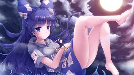 barefoot blue eyes blue hair bow hood long hair lzh nopan ofuda touhou yorigami shion
