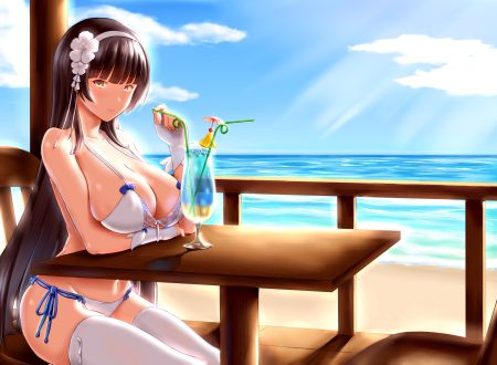 anthropomorphism beach bikini black hair breasts cleavage clouds drink flowers girls frontline gloves headband long hair mingke navel sky swimsuit thighhighs type 95 (girls frontline) water yellow eyes